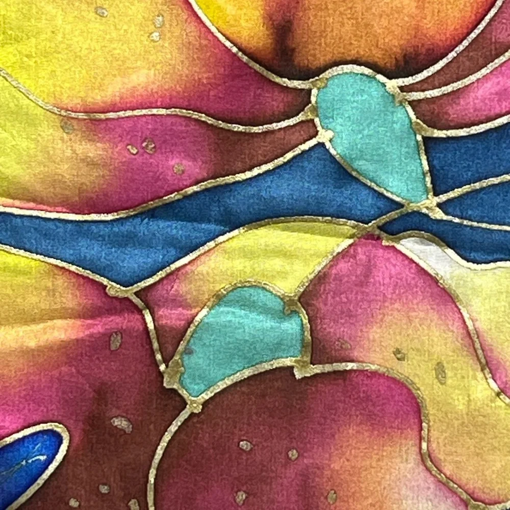 Vintage Silk Hand Painted Blue Yellow Pink Gold Scarf
